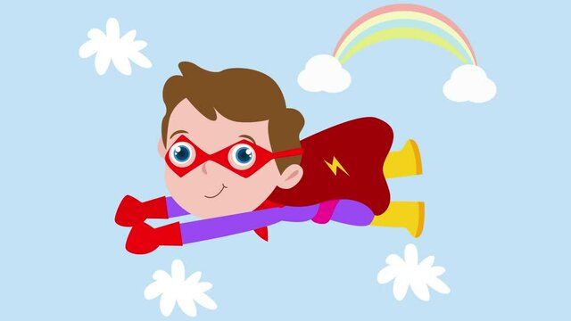 Little boy flying on sky with a super hero costume