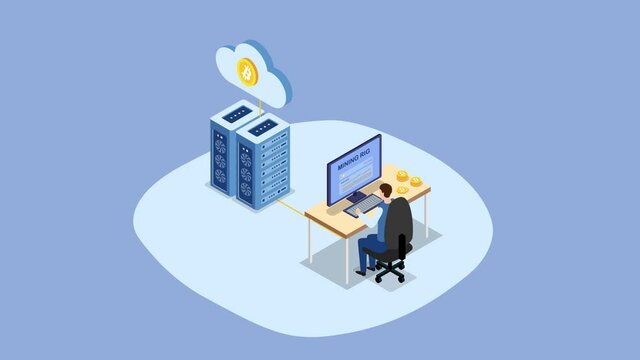 Man mining bitcoin with computing server system