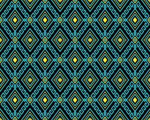 Turquoise Yellow Tribe or Ethnic Seamless Pattern on Black Background in Symmetry Rhombus Geometric Bohemian Style for Clothing or Apparel,Embroidery,Fabric,Package Design
