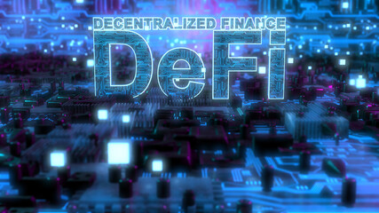 DeFi Decentralized Finance is a blockchain based form of finance - Conceptual 3D Illustration Rendering