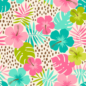 Hibiscus And Tropical Leaf Seamless Pattern Background.