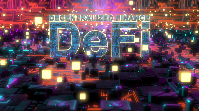 DeFi Decentralized Finance is a blockchain based form of finance - Conceptual 3D Illustration Rendering
