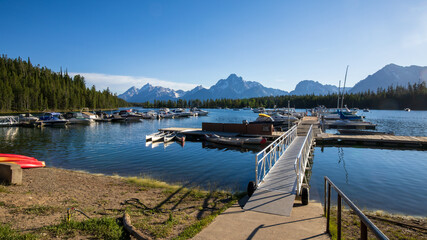 Colter Bay, Wyoming, USA - June 17 2021: Jackson Lake Overlook in Grand Teton National Park during summer Wyoming. Ranger Peak and Mount Moran.