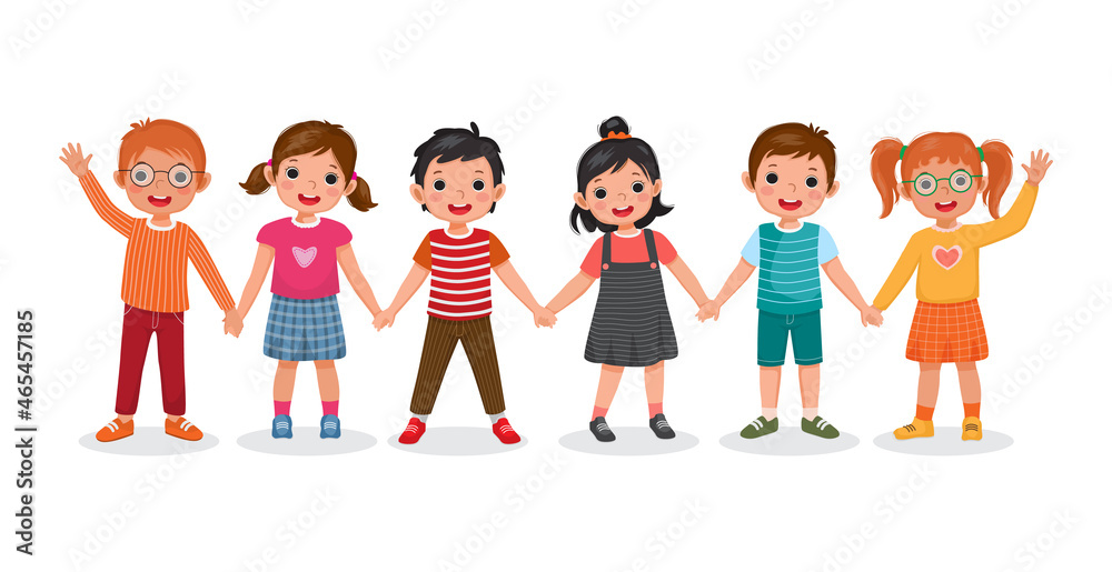 Wall mural Group of happy cute children, boys and girls, standing together waving and holding hands showing happiness of friendship and unity.