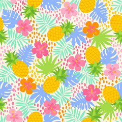Hibiscus, pineapple and tropical leaf seamless pattern background.