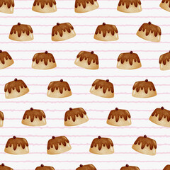Fototapeta premium cute caramel custard pudding seamless pattern