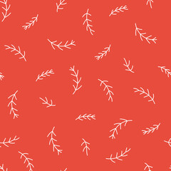 Branches on red background. Christmas seamless pattern. Winter doodle background. Ideal for wrapping paper, textiles and holiday decorations. Vector illustration.