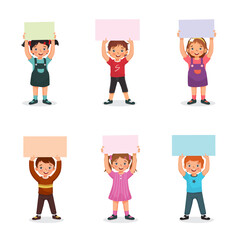 Group of children holding colorful blank papers or posters up over their heads. Vector of boys and girls showing colorful board signs or placard with empty space templates for text, banners and ads.