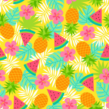 Hibiscus, pineapple, watermelon and tropical leaf seamless pattern background.