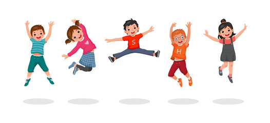 Group of happy kids jumping together joyfully with hands raising up in the air. Vector of active little children, boys and girls, having fun showing different action poses. © Tenstudio
