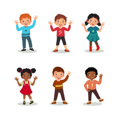 Set of happy children waving hands greeting in different expressions and poses, such as hands on the waist gesture. Vector illustration of group cute little boys and girls standing with smiling faces.