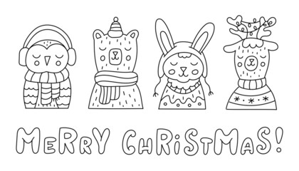 Cute winter animals are dressed in scarves, hats and sweaters. Hand lettering Merry Christmas. Doodle style. Vector illustration.