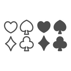 Hearts, spades, diamonds, clubs for gambling line and solid icon, gamblimg concept, cards play vector sign on white background, outline style icon for mobile concept and web design. Vector graphics.