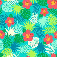 Hibiscus and tropical leaf seamless pattern background.