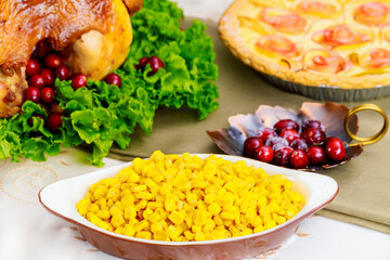 Sweet corn on festive table for Thanksgiving Day.