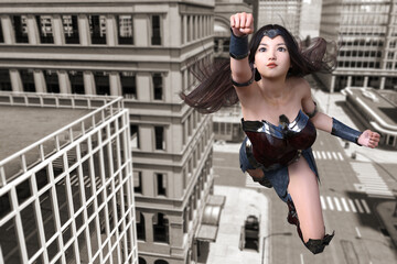 未来のコスチュームを着てビルの谷間を片手を突き上げ空に向かって飛ぶ若い女性