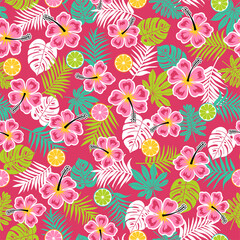 Hibiscus, citrus fruit and tropical leaf seamless pattern on red background.