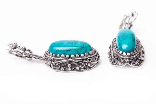 Silver Jewelry Earrings With Chrysocolla Isolated On White Background.