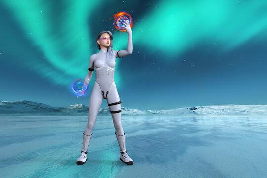 宇宙の星で未来のボディースーツを着た若い女性がリングの様な物をかざしている