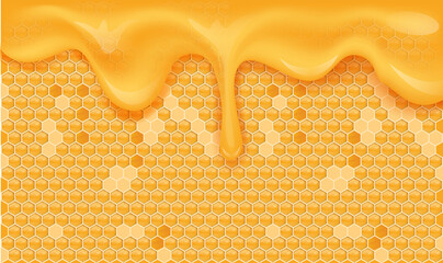 Yellow orange honeycomb background. Beehive with hexagon grid cells and flowing sweet honey drops. Geometric seamless texture. Realistic 3D vector illustration.