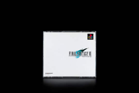 Fukuoka, Japan - october 26, 2021 : Final fantasy VII by squaresoft released in 1997 for the sony playstation isolated on black background 