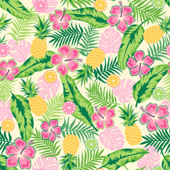 Hibiscus, pineapple and tropical leaf seamless pattern on yellow background.