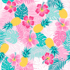Hibiscus, pineapple and tropical leaf seamless pattern on pink background. © NTRdesign