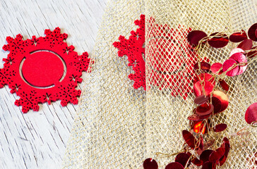 red felt snowflakes and gold mesh, tinsel for Christmas decorations