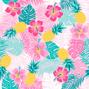 Hibiscus, pineapple and tropical leaf seamless pattern on pink background.