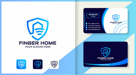 abstract fingerprint shield house logo design and business card