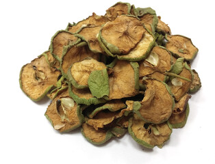an unripe apple, dried a green apple on white background
