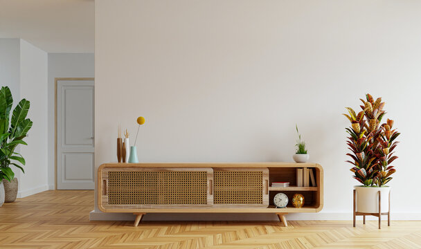 Living room interior wall mock up with with cabinet for tv on white color wall background.