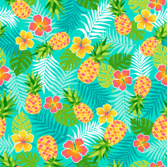 Hibiscus, pineapple and tropical leaf seamless pattern background