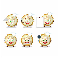 Cartoon character of lemon meringue pie with various chef emoticons