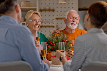 Senior couple sitting at nicely decorated table, having Christmas dinner with family or friends and making a toast, raising glasses of wine
