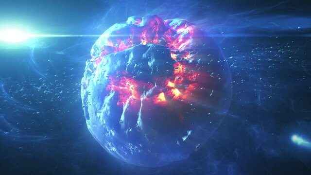 Destructed planet in deep space with asteroids and sun flares
Cinematic view of destroyed death star after meteor asteroids impact
