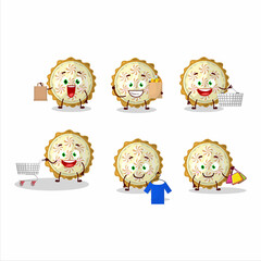 A Rich lemon meringue pie mascot design style going shopping