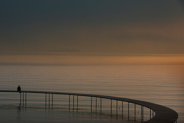 Obraz premium A person sitting on a brigde in Denmark waiting for the sunrice