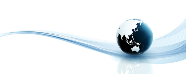 白い背景に、東アジア・オセアニアを中心とした地球と曲線の未来的イメージ。 © goleiro35