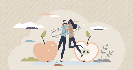Couple tied and linked together as close relationship tiny person concept. Invisible strings as love and affection to partner vector illustration. Psychological addiction or codependency expression. - obrazy, fototapety, plakaty