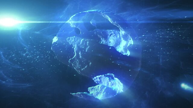 Destroyed Hollow planet in deep space with asteroids and sun flares
Cinematic view of destroyed death star after meteor asteroids impact
