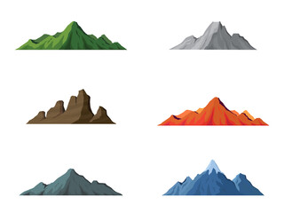 Conjunto de montañas. Roca, montaña, colina, llanura. Concepto de relieve de cordillera y naturaleza. Ilustración vectorial, distintos tipos de relieve