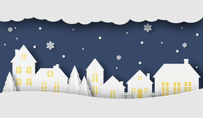Views of the night house with snowfall in winter season. Happy new year and Merry christmas, paper art, digital craft style. Vector illustration.
