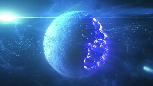 Destroyed planet in deep space with asteroids and sun flares
Cinematic view of destroyed death star after meteor asteroids impact

