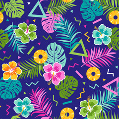 Naklejka premium Hibiscus, pineapple, tropical leaf and geometric elements seamless pattern background.