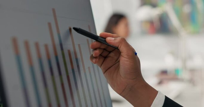 Close-up of computer monitor bar graph displayed dark-skinned man's hand holding pen touche screen with it checks diagram levels their correctness height statistics bureau marketing financial analysis