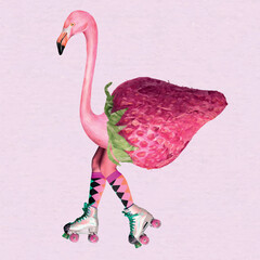 Collage funky retro sticker vector, pink flamingo mixed media art - obrazy, fototapety, plakaty