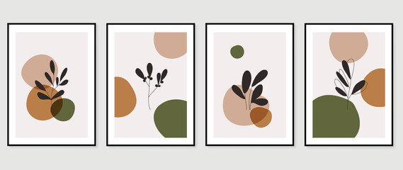 Botanical wall art vector set. Foliage line art drawing with abstract shape.  Abstract Plant Art design for print, cover, wallpaper, Minimal and  natural wall art. Vector illustration.