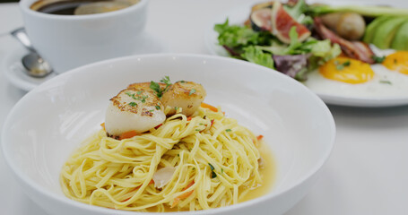 Fresh scallop pasta in coffee shop