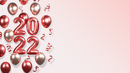 Happy new year 2022 with gift boxes balloons and confetti 3d render illustrations